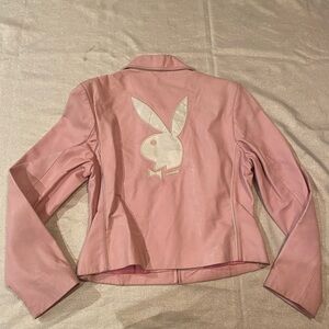 PLAYBOY Y2K Pink Leather Jacket with Iconic Emblem